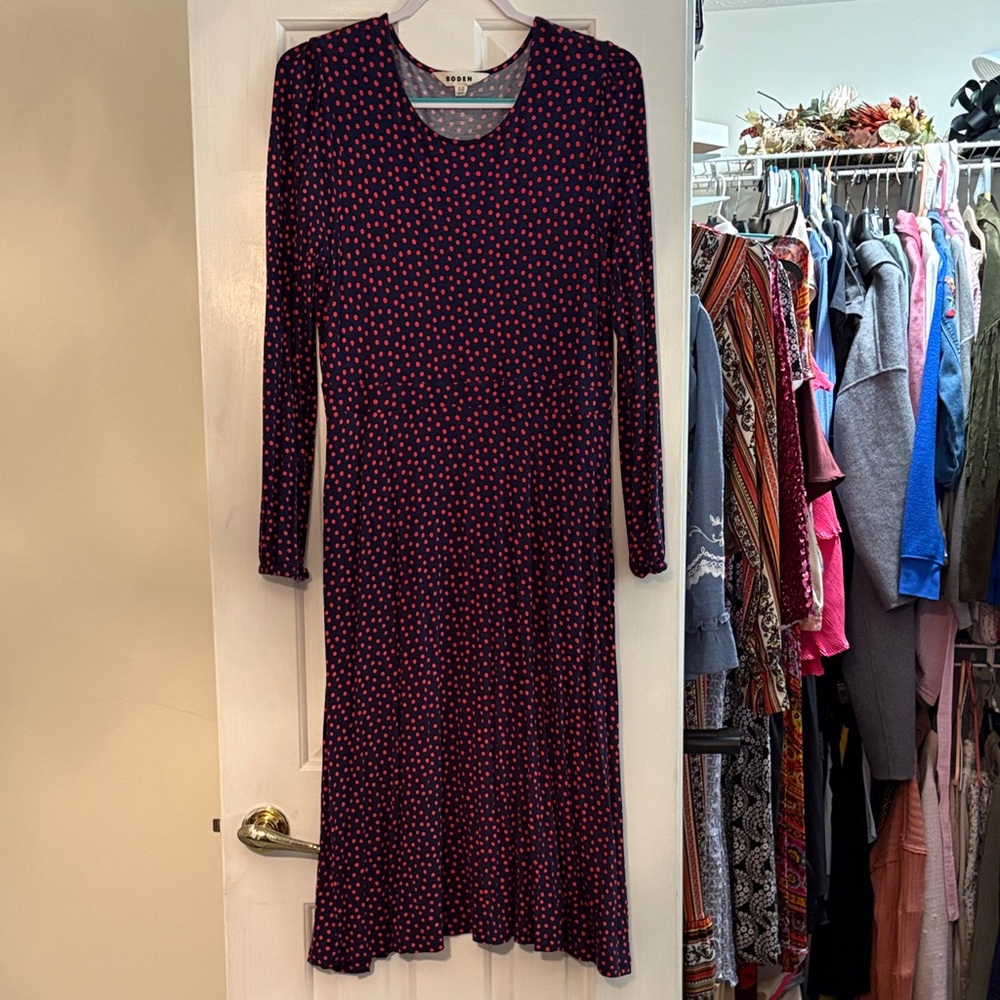 Boden Navy and Red Polka Dot Long Sleeve Dress 12p